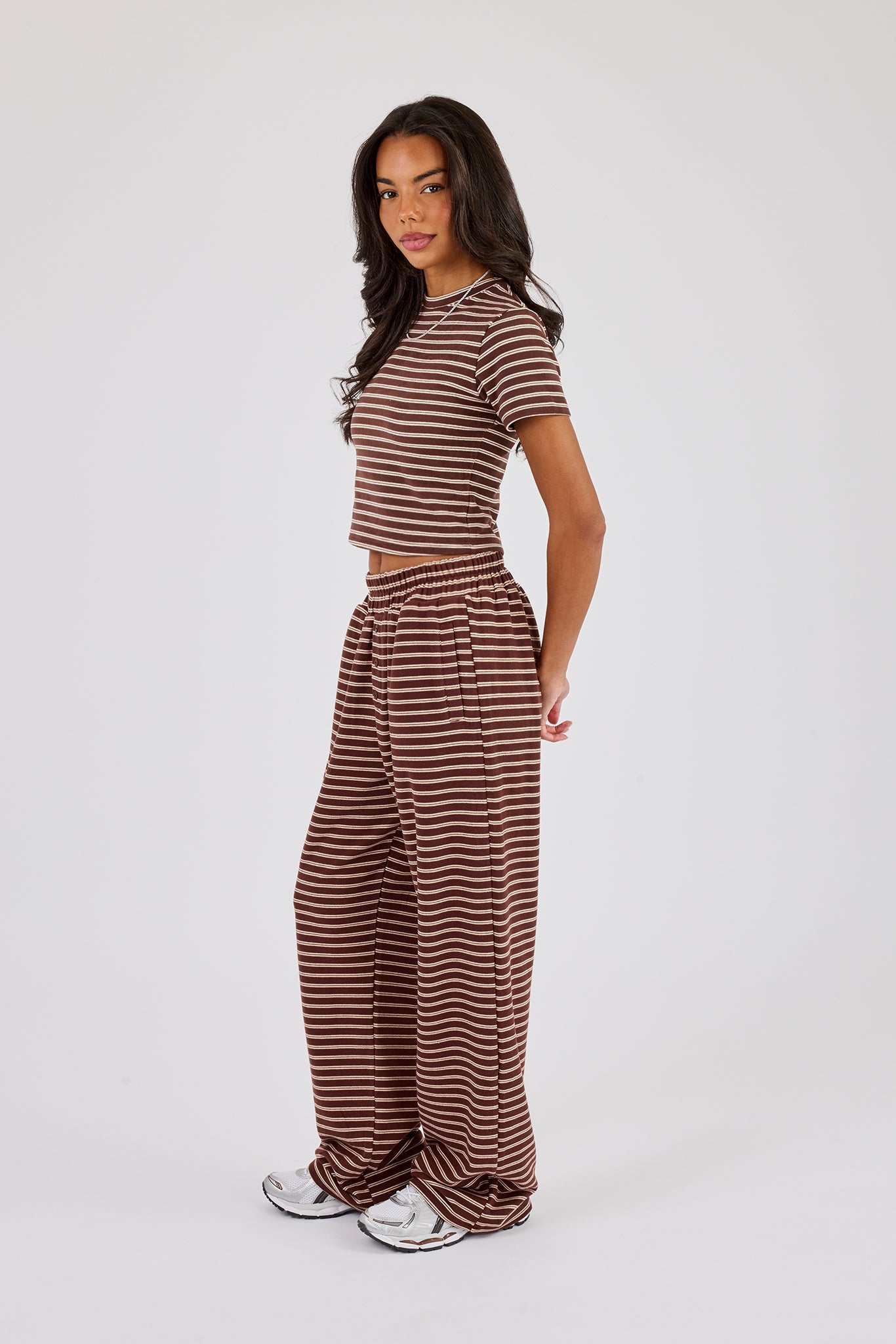 Soft Touch Double Stripe Short Sleeve Top & Button Detail Wide Leg Jogger - Chocolate